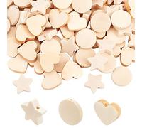 OLYCRAFT 150 cuentas de madera natural cuentas de madera estrella corazón redondas cuentas sueltas de madera sin acabar cuentas espaciadoras para manualidades y fabricación de joyas - 3 estilo