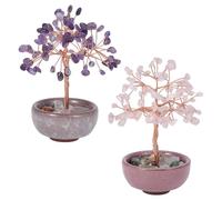 OLYCRAFT 2 decoraciones de árbol de la vida con base de cerámica, amatista y cuarzo rosa, árboles de cristal hechos a mano, árbol de piedras preciosas Feng Shui, árboles de dinero de escritorio para