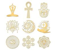 OLYCRAFT 9 pegatinas de geometría sagrada de 4 x 4 cm, dorado, metal, brillante, estilo espiritual, mandala, yoga, luna, estrella, manualidades, álbumes de recortes, decoración