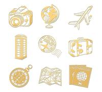 OLYCRAFT 9pcs 4x4cm Pegatinas de metal dorado Tema de viaje Tarjeta de avión Pasaporte Art Crafts Decor
