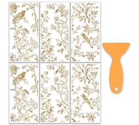 OLYCRAFT - Lote de 6 pegatinas de transferencia de flores doradas para muebles y ocio, diseño de pájaros y plantas de 15 x 30 cm con 1 raspadores para álbumes de recortes, decoración de ventana y
