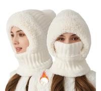 OLYGEE 3 in 1 Beanie for Women-3 in 1 Beanie Hat with Scarf and Mask Resistant Hooded Scarf, Thick Plush-Lined (White)