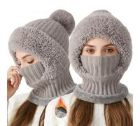 OLYGEE 3 in 1 Beanie for Women-3 in 1 Beanie Hat with Scarf and Mask Resistant Hooded Scarf, Thick Plush-Lined (Gray)