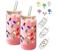 OLYGEE Christmas Color Changing Glass Cup, Color Changing Christmas Cup with Lid, 18oz Bamboo Leakproof Lid & Steel Straw, Reusable Travel Mug for Iced Coffee Cold Water (2PCS)