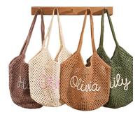 OLYGEE Crochet Beach Bag Personalized Custom Name Woven Tote Lightweight Summer Mesh Shoulder Bag for Women Sandproof Foldable Travel Bag for Bridesmaid Gifts Vacation Essentials (Brown,Custom Name)