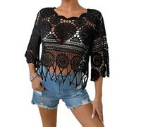 OLYGEE Crochet Tops for Women, Summer Boho Beach Cover Up, 3/4 Sleeve Crewneck Lightweight Hollow out Knit Top, Women's Crochet Top (H,M)