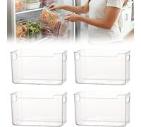 OLYGEE Crystal Clear Freezer Storage Bins, Plastic Bins for Refrigerator and Pantry Organization, Stackable Kitchen Cabinet Containers with Handles for Frozen Food Meat Vegetables (4PCS,Small)