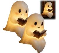 OLYGEE Glow Spirit Ghost Lamp, Cute Ghost Reading Book Lamp, New Halloween Light Up Statue Night Light with Smile, Warm Lighted Indoor Figurine LED Lamps for Bedroom, Living Room (2pcs*8.6")