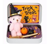 OLYGEE Halloween Bear in a Box for Trick or Treat-Teddy Bear in a Box, 2025 New Handmade Plush Pocket Bears in Box Kit Gift with Wizard Hat,Witch Blanket, Broom, Pumpkin and Cat (1pcs,Pink)