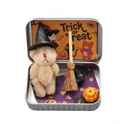 OLYGEE Halloween Teddy Bear in a Box for Trick or Treat, Mini Witch Bear in Box with Wizard Hat Broom Pumpkin & Cat Decor (Khaki)