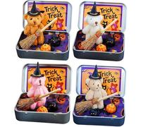 OLYGEE Halloween Teddy Bear in a Box for Trick or Treat, Mini Witch Bear in Box with Wizard Hat Broom Pumpkin & Cat Decor (Brown+White+Pink+Khaki)