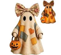 OLYGEE Lighted Vintage Patchwork Ghost Halloween Lamp, LED Ghost with Pumpkin Lantern, Rustic Fall Figurine Decoration for Mantel Shelf Entryway Porch Home Office Tiered Tray