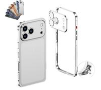 OLYGEE Phone Case for iPhone 17 Ultra-Thin Metal Frame Heat Dissipation Case Seahorse Buckle Design with Lens Protector Detachable Metal Lens Cap (17 Pro MAX,Silver)