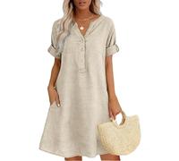 OLYGEE Summer Dress for Women Cotton Linen Short Sleeves V Neck with Pockets Flowy Boho Casual Lounge Sun Dress (H,S)