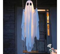 OLYGEE Swinging Ghost Outdoor Decor, 4FT Large Hanging Ghost Swing with Remote Control String Lights, Spooky Cute Ghosts Decorations for Tree Porch Yard Garden Lawn