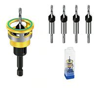 OLYGEE Two-Flute Counterbore with Depth Stop Tapered Drill Bits with Adjustable Depth Stop Collar, Wood Countersink Bit for Woodworking Cabinetry Plywood MDF DIY, 1/4" Hex Shank (Yellow)
