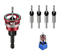 OLYGEE Two-Flute Counterbore with Depth Stop Tapered Drill Bits with Adjustable Depth Stop Collar, Wood Countersink Bit for Woodworking Cabinetry Plywood MDF DIY, 1/4" Hex Shank (Red)