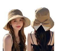 OLYGEE Wide Brim Sun Hat with Ponytail Hole, Foldable Bucket Beach Hat with Bow for Women, Packable 55-60cm (#A)