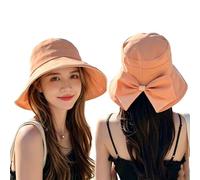 OLYGEE Wide Brim Sun Hat with Ponytail Hole, Foldable Bucket Beach Hat with Bow for Women, Packable 55-60cm (#C)