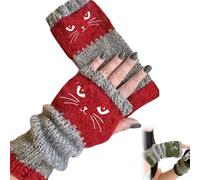 OLYGEE Women’s Knitted Fingerless Gloves with Cute Cats pattern, Cat Themed, Thick Warm Winter Gloves (red)