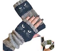 OLYGEE Women’s Knitted Fingerless Gloves with Cute Cats pattern, Cat Themed, Thick Warm Winter Gloves (dark blue)