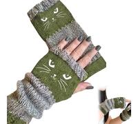 OLYGEE Women’s Knitted Fingerless Gloves with Cute Cats pattern, Cat Themed, Thick Warm Winter Gloves (green)