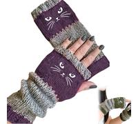 OLYGEE Women’s Knitted Fingerless Gloves with Cute Cats pattern, Cat Themed, Thick Warm Winter Gloves (purple)