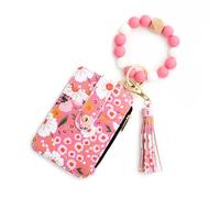 OLYGEE Women's Boho Beaded Wallet with Flower Pattern，Beaded Tassel Decoration，Bracelet Keychain Wallet,Silicone Wristlet (Dark Pink)