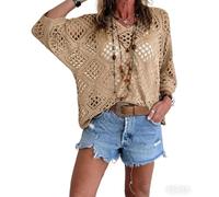 OLYGEE Womens Crochet Tops for Women Summer, Bohemian V Neck 3/4 Sleeve Beach Cover Up, Boho Cruise Outfit (#C,L)