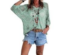 OLYGEE Womens Crochet Tops for Women Summer, Bohemian V Neck 3/4 Sleeve Beach Cover Up, Boho Cruise Outfit (#E,S)
