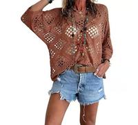 OLYGEE Womens Crochet Tops for Women Summer, Bohemian V Neck 3/4 Sleeve Beach Cover Up, Boho Cruise Outfit (#K,XL)