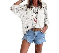 OLYGEE Womens Crochet Tops for Women Summer, Bohemian V Neck 3/4 Sleeve Beach Cover Up, Boho Cruise Outfit (#I,XXL)