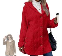 OLYGEE Women's Fall Winter Warm Fashion Jacquard Hooded Cardigan Long Sleeve Coat with Pockets for Casual Travel Work (Red,L)