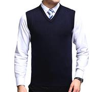 OlyljpinZ Chaleco clásico de lana con cuello en V para hombre, sin mangas, para negocios, de punto, ajustado, sin mangas, azul marino, L