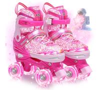OLYSPM Patines 4 Ruedas,Empeine Luminiscente,4 Tamaños Ajustables con 8 Ruedas Que Brillan de Almacenamiento para Niñas y Niños(Rosa)