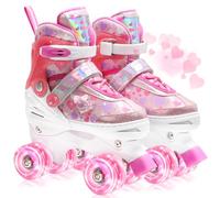 OLYSPM Patines 4 Ruedas niña con Corazones de Ensueño y Ruedas Luminosas,4 Tallas Ajustables,Patines niña para Principiantes, Regalo Cumpleaños Navidad(Rosa,S)