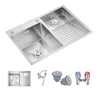 OM - Fregadero de cocina de doble tazón con tabla de lavado grande de acero inoxidable 304 multifuncional para lavandería, componente de drenaje (color: plata-b, tamaño 90 x 48 x 21 cm)