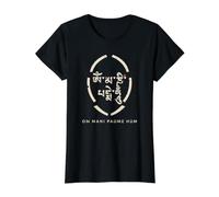 Om Mani Padme Hum Guión Tibetano Mantra de Compasión Budista Camiseta gráfica económica, Mujer, Negro, S
