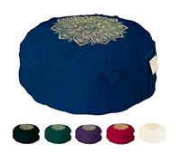 OM Vita - cojín de meditación de Yoga Zafu, con relleno de trigo sarraceno 100% orgánico y diseño a mano de Mándala sobrepuesto, Navy Stitched