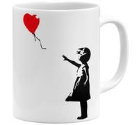 OM3 Banksy - Taza de café con diseño de chica globo (cerámica, 325 ml, impresión por ambos lados), color blanco