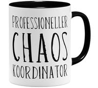 OM3® Divertida taza de café con texto - Coordinador profesional del caos - Manager diario - Taza de cerámica - 325 ml - Impresión por ambos lados - Negro