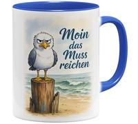 OM3 Divertida taza de café de acuarela con texto en alemán "Moin das muss reich" - Maritim Küste North deutschland - Cerámica - 325 ml - Impresión por ambos lados - Azul