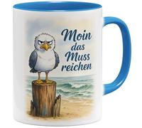 OM3 Divertida taza de café de acuarela con texto en alemán "Moin das muss reichen" Maritim Küste North deutschland - Cerámica - 325 ml - Impresión por ambos lados - Azul claro