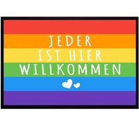 OM3® Felpudo arco iris con texto en alemán "Jeder ist hier willkommen", Pride LGBTQ, antideslizante y lavable, 60 x 40 cm