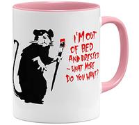 OM3 Out Of Bed Rat Banksy - Taza de cerámica, 325 ml, impresión por ambos lados, color rosa
