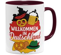OM3® Taza de café con texto en alemán "Herzlich Willkommen in Deutschland - Einwanderung - Cerámica - 325 ml - Impresión por ambos lados - Burdeos