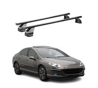 OMAC Barras de Techo transversales de Acero para Peugeot 407 2004-2011 - Antirrobo con Llave - Carril en T - Testadas City Crash - DIN 75302:2019 - ISO/Pas 11154:2006 - Carga máx. 75 kg Negro