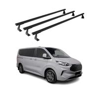 OMAC Barras portaequipajes básicas compatibles con Ford Transit Custom/Tourneo Custom 2023-2025, aluminio, 75 kg, color negro, 3 piezas para portabicicletas, cajas de techo, portaesquís ajustables