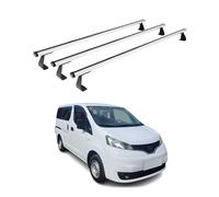 OMAC Barras portaequipajes básicas compatibles con Nissan NV200 2009 - 2021, aluminio, 75 kg, plata, 3 piezas, puntos de fijación para portabicicletas, cajas de techo, portaesquís ajustables