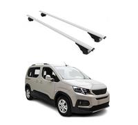 OMAC Portaequipajes de techo compatible con Peugeot Rifter 2018-2025, metal, 75 kg, plateado, 2 piezas, reling abierto para portabicicletas, maleteros de techo, portaesquís, bloqueable